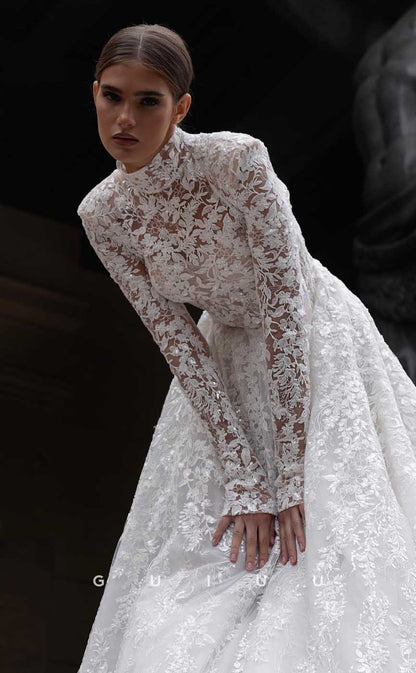 GW867 - High Neck Long Sleeves Appliques Lace Boho Wedding Gown with Train