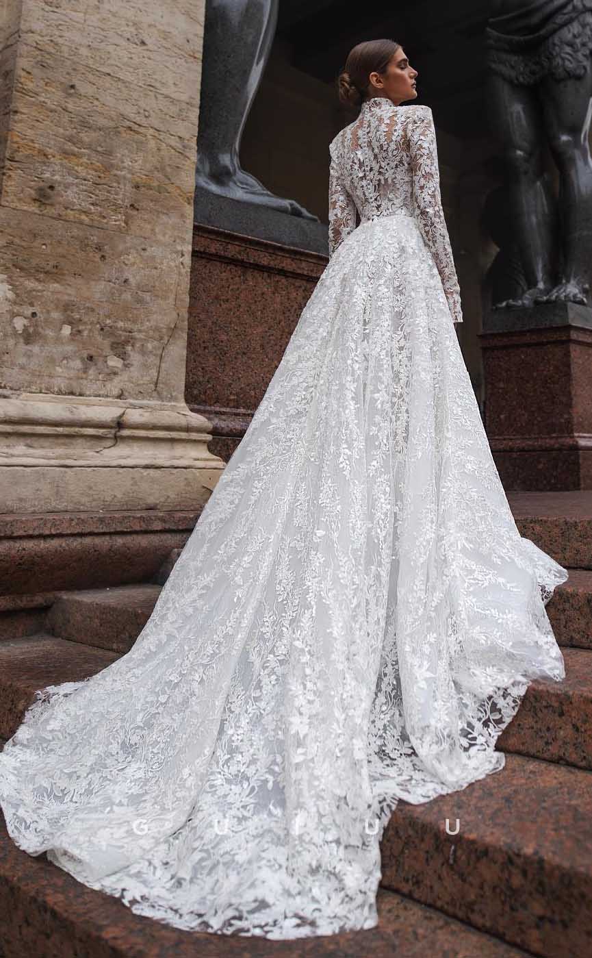 GW867 - High Neck Long Sleeves Appliques Lace Boho Wedding Gown with Train