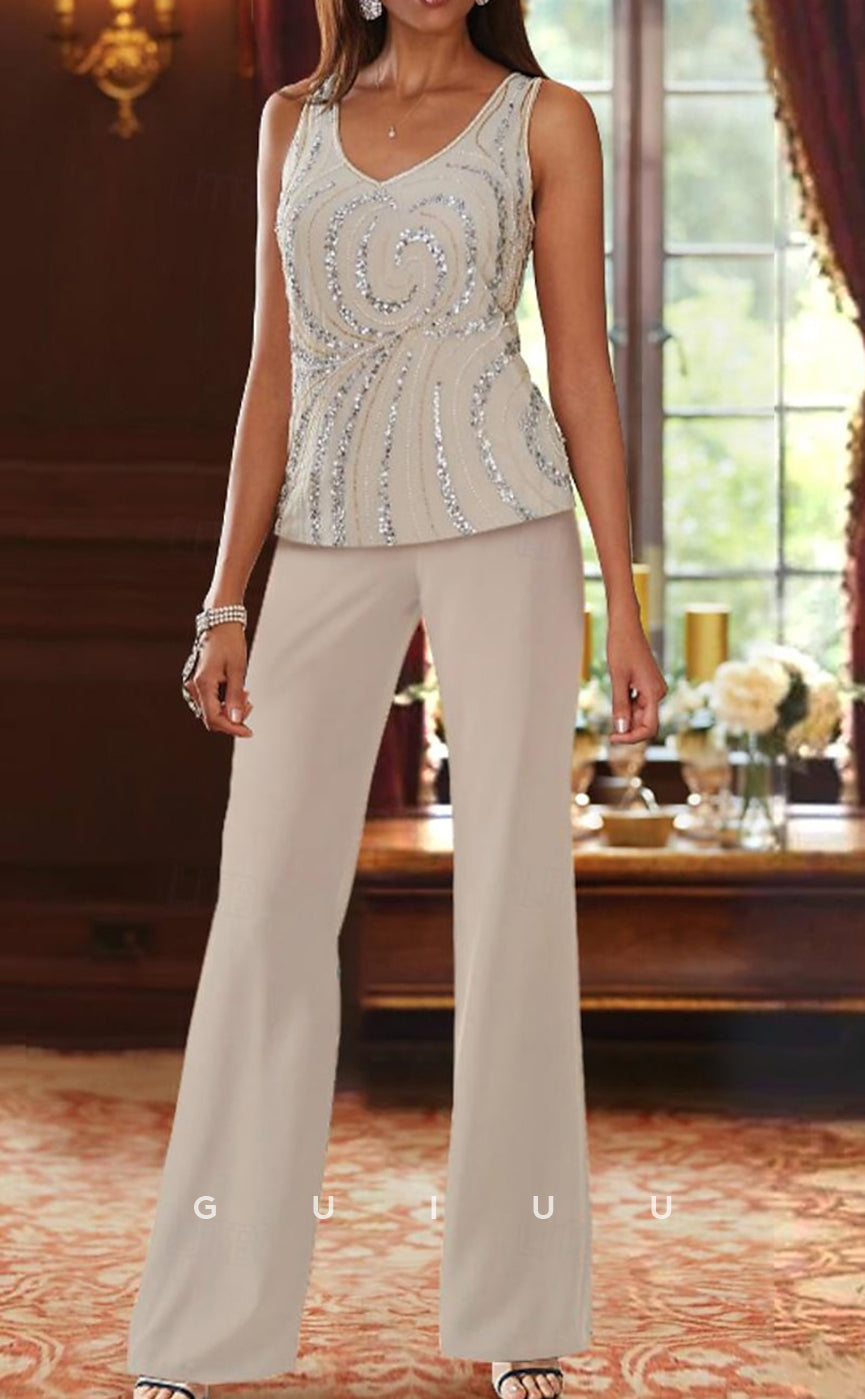GM058 - Jumpsuit 3 Pieces Floor Length Sleeveless Back Zipper Sequined Chiffon Mother of the Bride Dress with Wrap
