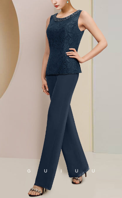 GM053 - Jumpsuit 3 Pieces Scoop Neck Floor Length Sleeveless Back Zipper Chiffon Mother of the Bride Dress with Wrap