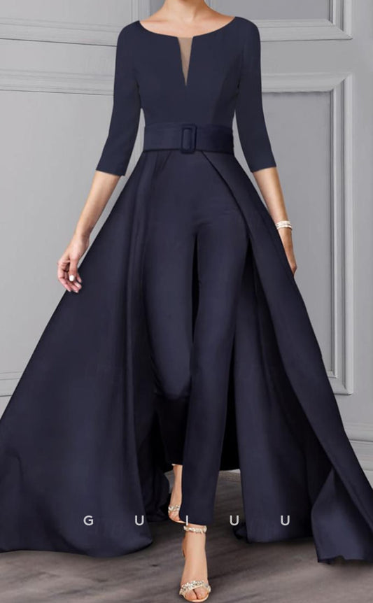 GM082 -  Jumpsuit Elegant V Neck 34 Length Sleeves Floor Length Satin Mother of the Bride Dress