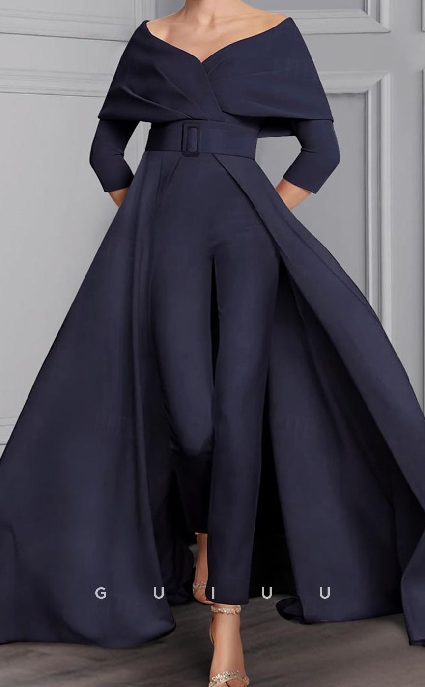 GM084 - Jumpsuit Scoop Neck Off Shoulder 34 Length Sleeve Ankle Length Satin Mother of the Bride Dress