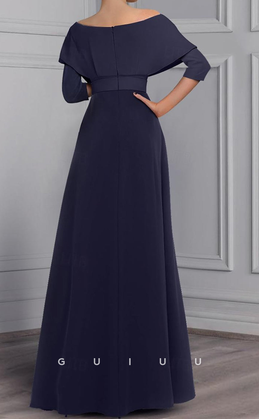 GM084 - Jumpsuit Scoop Neck Off Shoulder 34 Length Sleeve Ankle Length Satin Mother of the Bride Dress