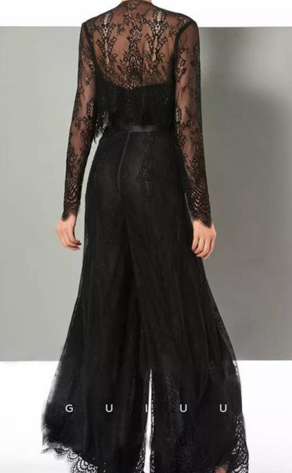 GM131 - Jumpsuit  Sweetheart Floor Length Lace Long Sleeves Chiffon Lace  Mother of the Bride Dress