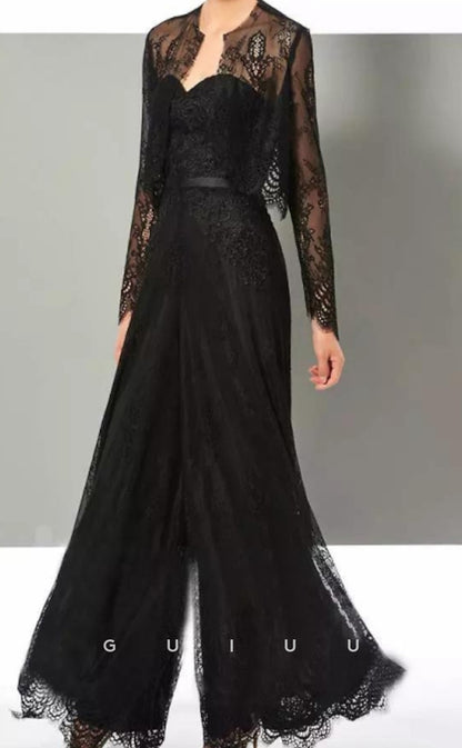 GM131 - Jumpsuit  Sweetheart Floor Length Lace Long Sleeves Chiffon Lace  Mother of the Bride Dress