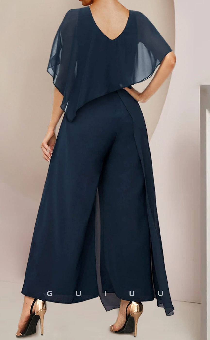 GM095 - Jumpsuits Scoop Neck Half Sleeves Ankle Length Chiffon Mother of the Bride Dress