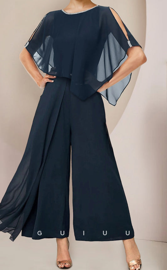 GM095 - Jumpsuits Scoop Neck Half Sleeves Ankle Length Chiffon Mother of the Bride Dress