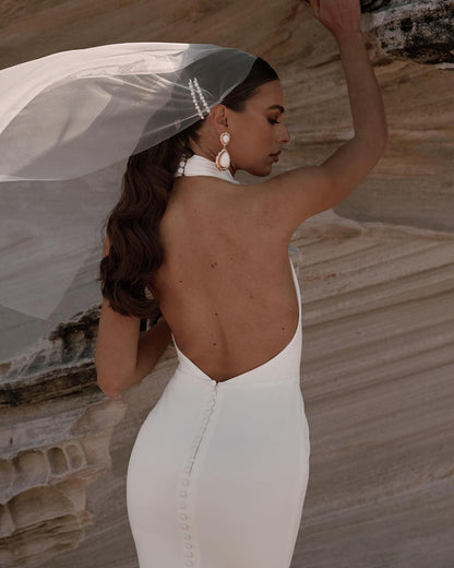 GW930 - Mermaid Halter Ruched Back Zipper Open Back Stain Wedding Dress with Train