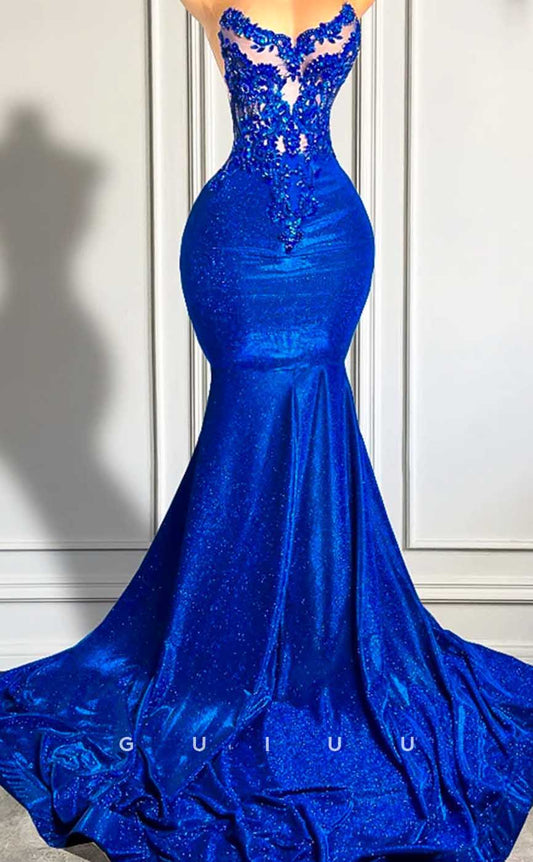 G4591 -  Mermaid Illsion Appliques Sleeveless Court Train Prom Evening Dress