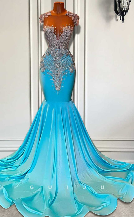 G4593 - Mermaid Illsion Crystal Court Train Prom Dress Party Gown for Black Girl Slay