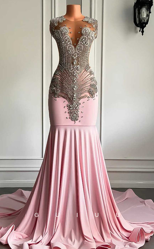G4584 -  Mermaid Illsion Sleeveless Beaded and Crystal Pink Prom Dress with Court Train