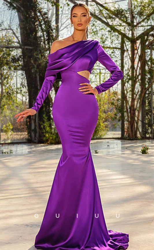G4689 - Mermaid Oen Shoulder Long Sleeves Purple Stain Pleats Prom Formal Dress