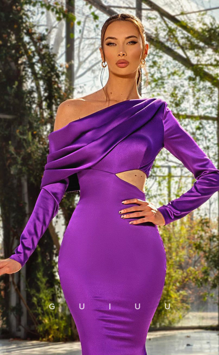 G4689 - Mermaid Oen Shoulder Long Sleeves Purple Stain Pleats Prom Formal Dress