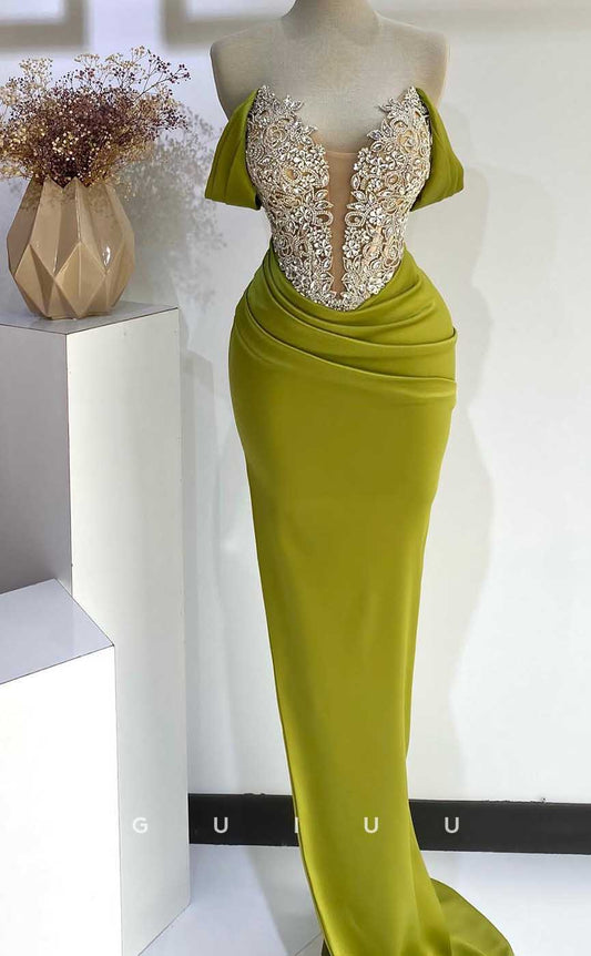 G4543 - Mermaid Off-Shoulder Green Pleats Crystals Prom Formal Dress