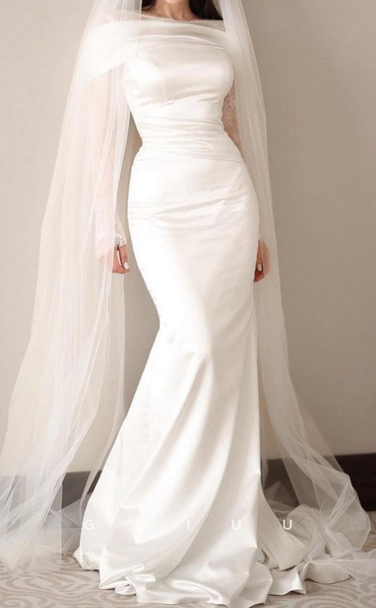 GW1003 - Mermaid Off Shoulder Long Lace Sleeves Pleated Stain Wedding Dress with Vei