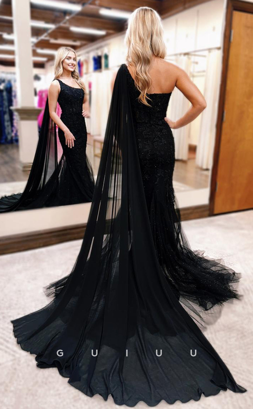 G4015 -  Mermaid One Shoulder Sleeveless Black Tulle Prom Formal Gown with Court Train