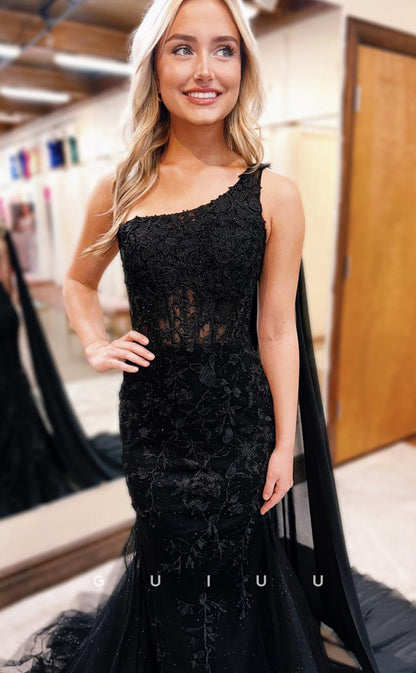 G4015 -  Mermaid One Shoulder Sleeveless Black Tulle Prom Formal Gown with Court Train