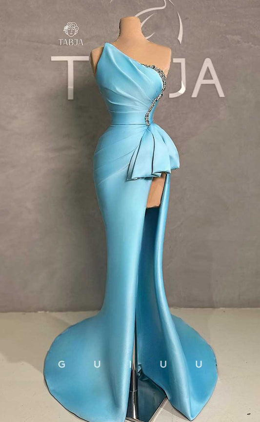 G4601 - Mermaid Sheath One Shoulder Crystal Pleats High Side Slit Prom Dress