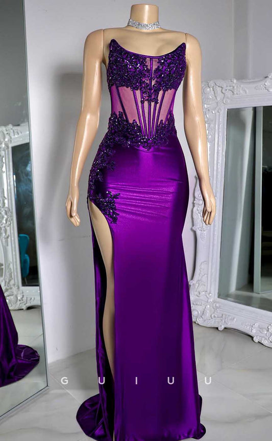 G4574 - Mermaid Sheath Straoless Sleeveless Illsion Aooliques and Beaded High Slit Prom Dress