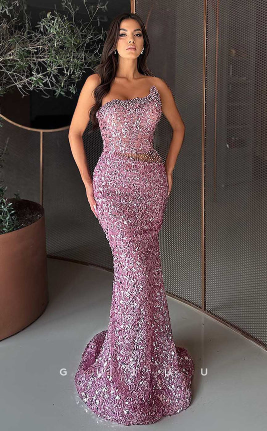 G4607 -  Mermaid Sleeveless Strapless Fully Sequined Formal Long Prom Gown