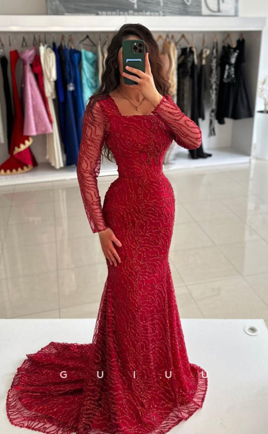 G4187 - Mermaid Square Long Sleeves Fully Sequined Beaded Tulle Long Prom Party Dress with Train