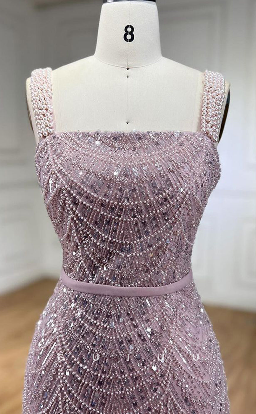 G3804 -Mermaid Square Straps Sleeveless Fully Beaded Back Zipper Long Prom Evening Dress