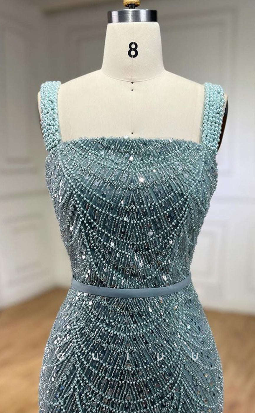 G3804 -Mermaid Square Straps Sleeveless Fully Beaded Back Zipper Long Prom Evening Dress