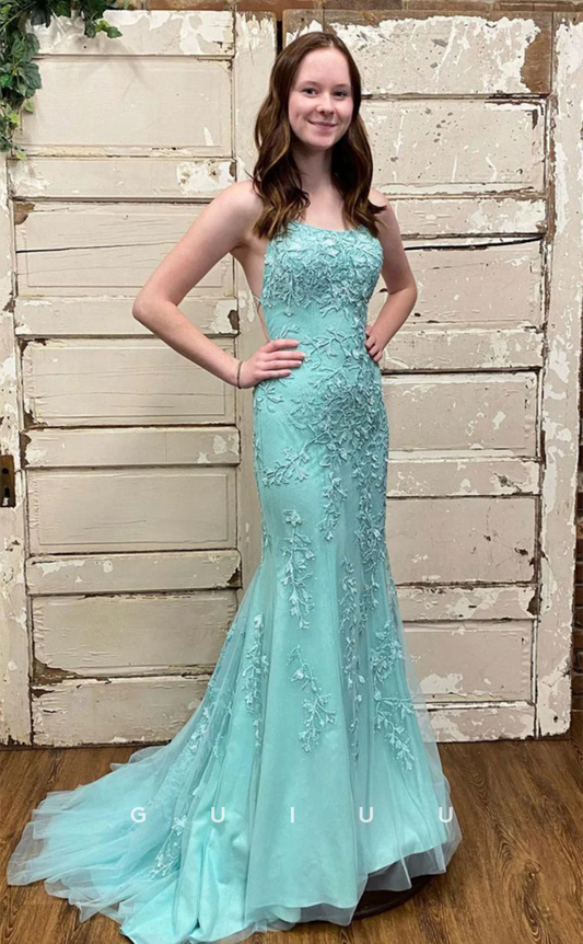 G4646 - Chic & Moder Mermaid Strapless Criss-Cross Straps Fully Appliques Prom Dress with Train