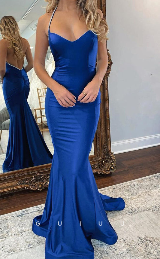 G4191 -  Mermaid Strapless Halter Stain Dark Blue Backless Long Prom Party Dress with Train