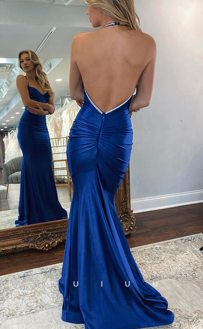 G4191 -  Mermaid Strapless Halter Stain Dark Blue Backless Long Prom Party Dress with Train