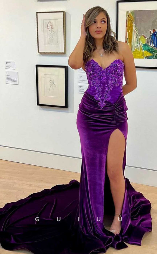 G4572 -  Mermaid Strapless Sleeveless Appliques Purple Velvet Pleats High Side Slit ang Court Train Prom Dress for Black Women Slay