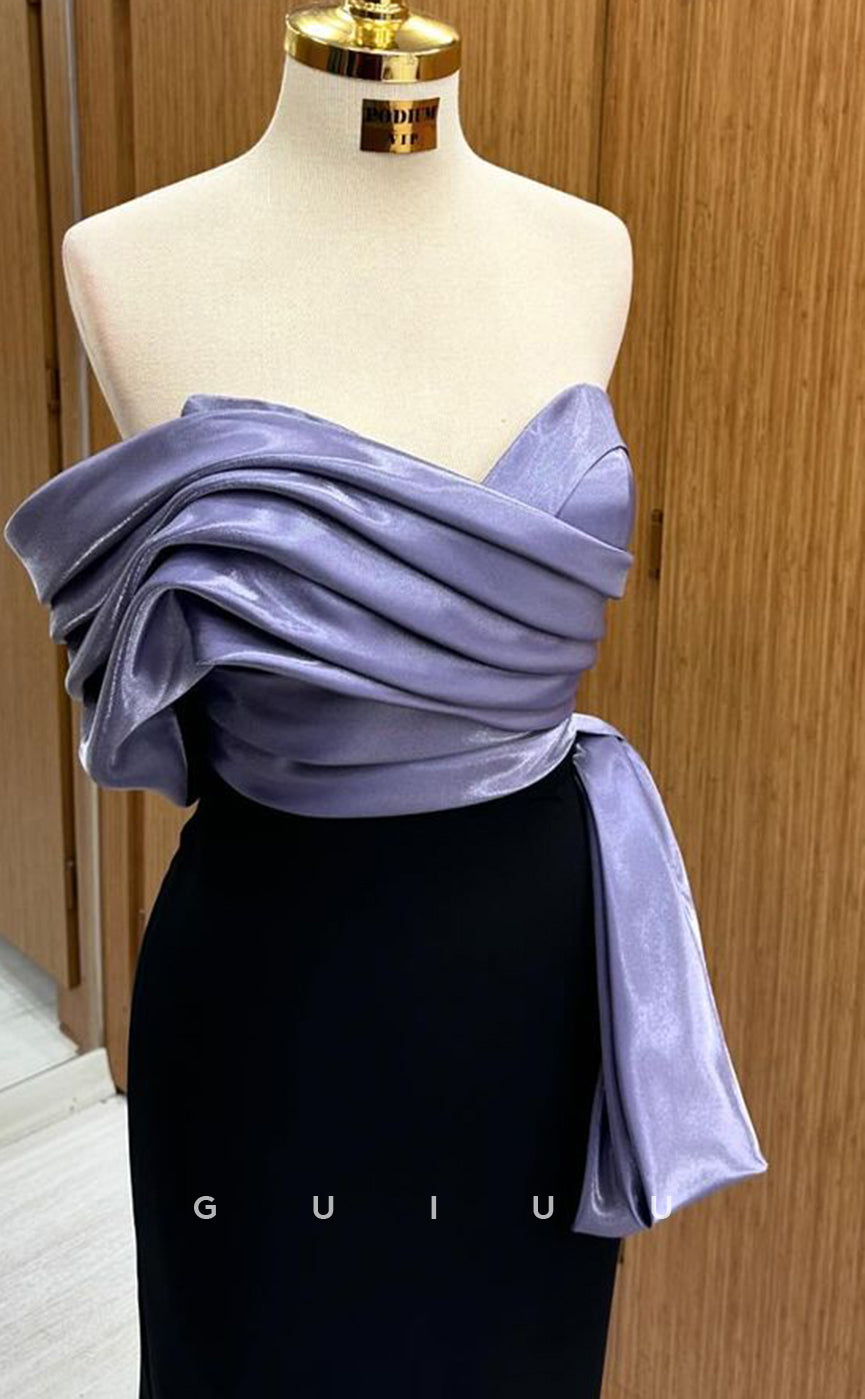 G4216 -Mermaid Strapless Sleeveless Pleated Purple Black Long Prom Dress