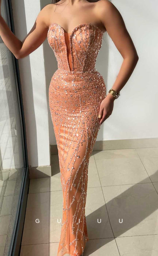 G4539 -  Mermaid Strapless Sleevelss Sequined Orange Prom Party Dress