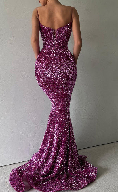 G3013 - Mermaid Strapless Straps sleeveless Fully Sequined Lace-Up Long Prom Gown