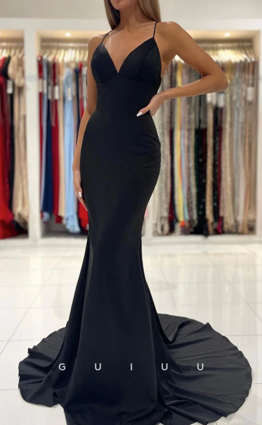 G4647 -  Mermaid Strapless Strpas Sleeveless Black Prom Evening Dress with Train