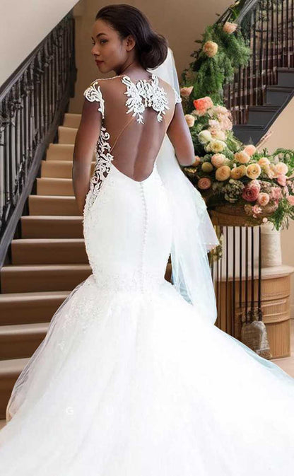 GW909 -  Mermaid V-neck Off-Shoulder Appliques Baech Wedding Dress with Train for Black Girl Slay