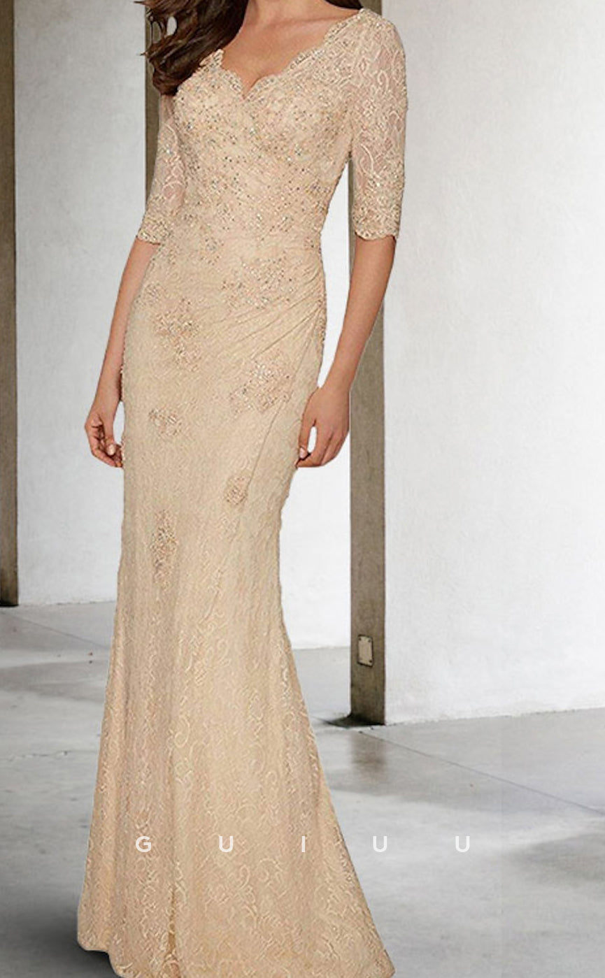GM111 - Mermaid V Neck Half Sleeves Sweep Train Chiffon Mother of the Bride Dress