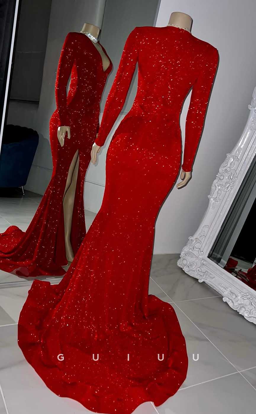 G4570 - Mermaid V Neck Long Sleeves Red Fully Sequined Prom Party Dress with Slit and Train