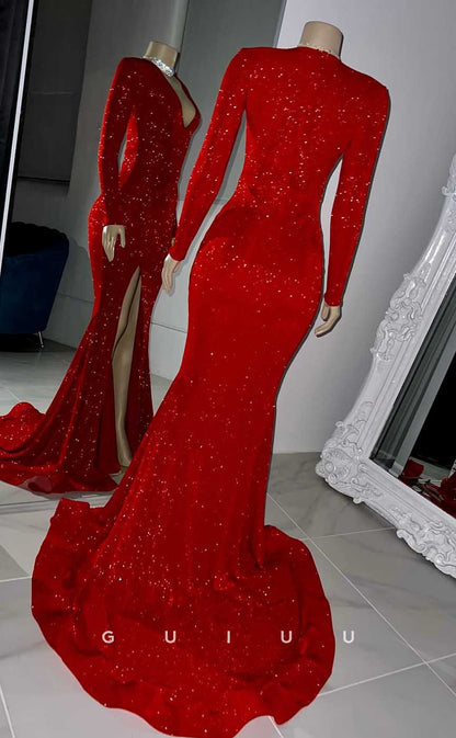 G4570 - Mermaid V Neck Long Sleeves Red Fully Sequined Prom Party Dress with Slit and Train