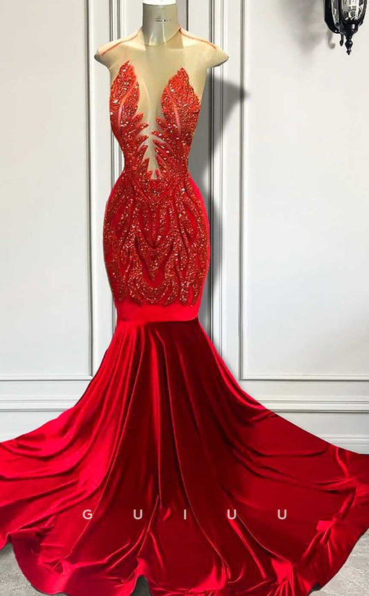 G4598 Mermaid V Neck Sleeveless Appliques Red Velvet Court Train Party Prom Dress