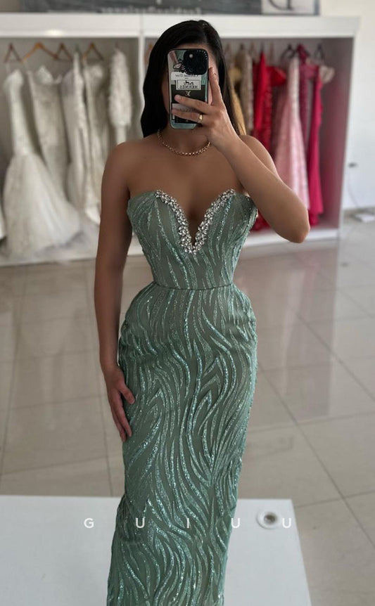 G4079 - Mermaid V Neck Sleeveless Fully Sequined Crystal Long Prom Dress