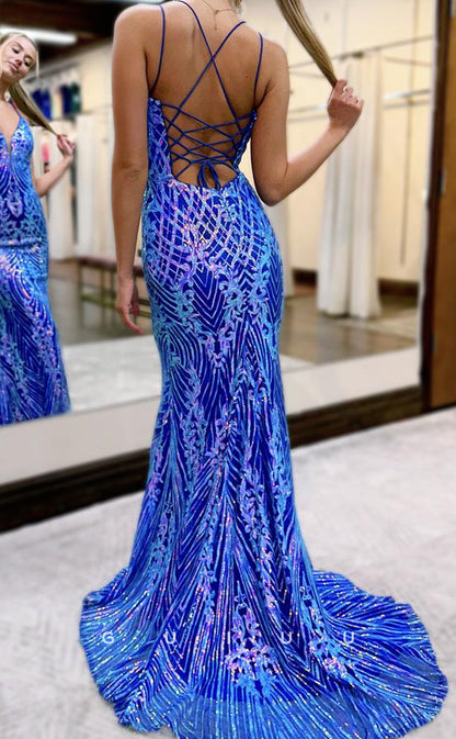 G3989 - Mermaid V Neck Straps Sleeveless Criss-Cross Straps Fully Appliques Long Party rom Dress with Train