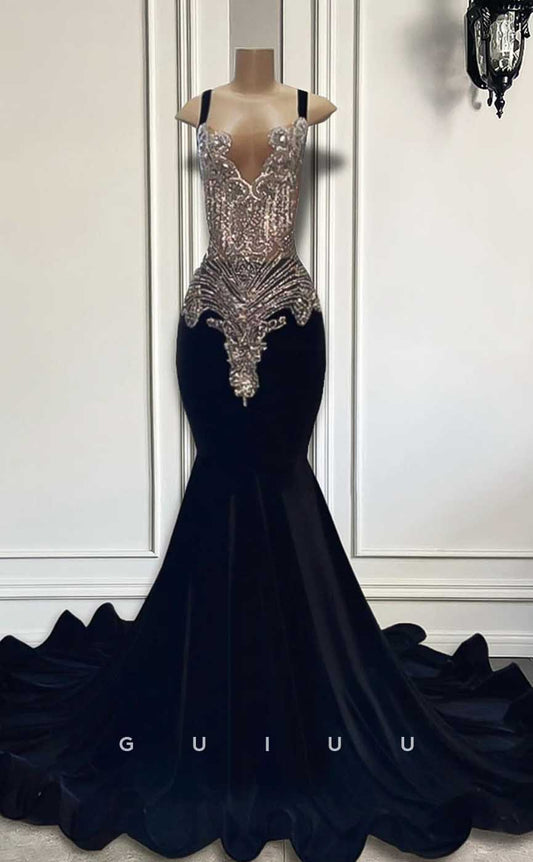 G4597 -  Mermaid V Neck Straps Sleeveless Crystal Velvet Formal Prom Dress with Train
