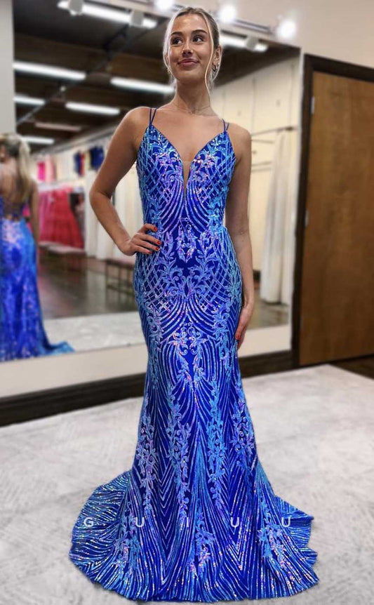 G4650 - Mermaid V Neck Straps Sleeveless Fully Appliques Court Train Prom Dress