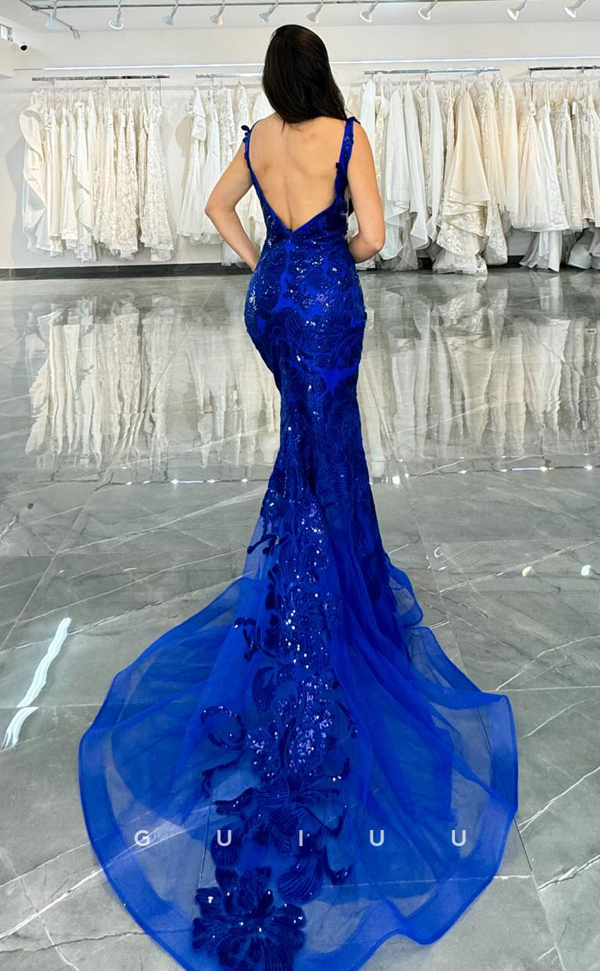 G4695 -  Mermaid V Neck Straps Sleeveless Fully Sequined Appliques Backless Court Train Long Prom Dress