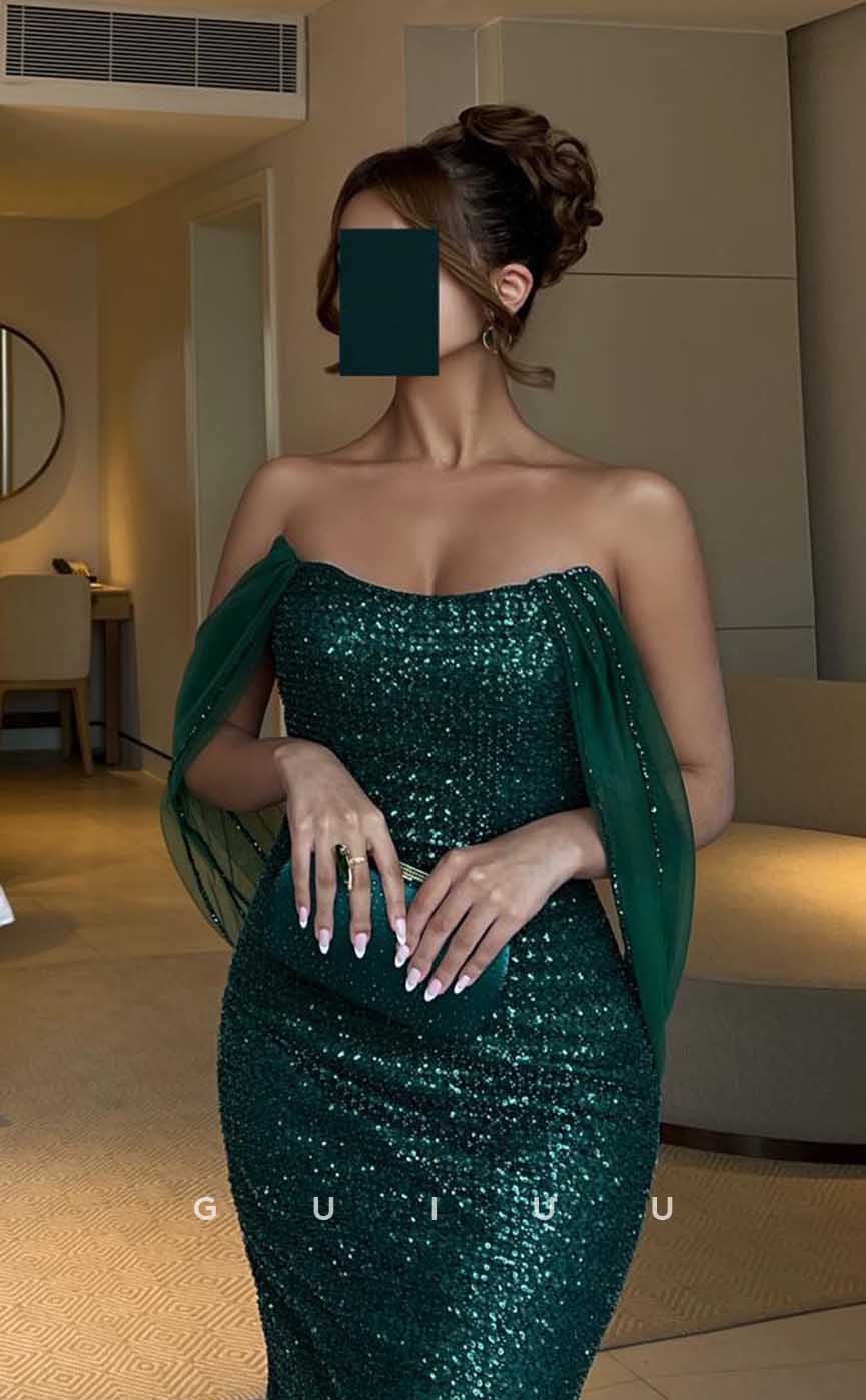 G4525 - Modern Mermaid Off-Shoulder Green Sleeeveless Sequined Prom Dress with Slit and Train