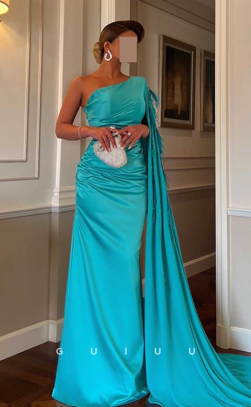 G4519 - Modern Sheath One Shoulder Pleats Stain Formal Prom Dress with Train