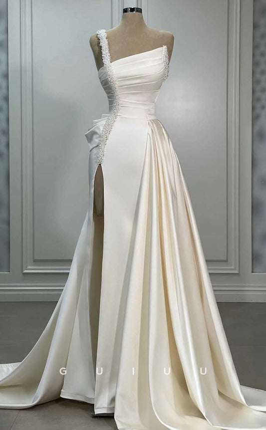 GW849 - One Shoulder Pleats Pearls Stain Wedding Dresss with High Side Slit