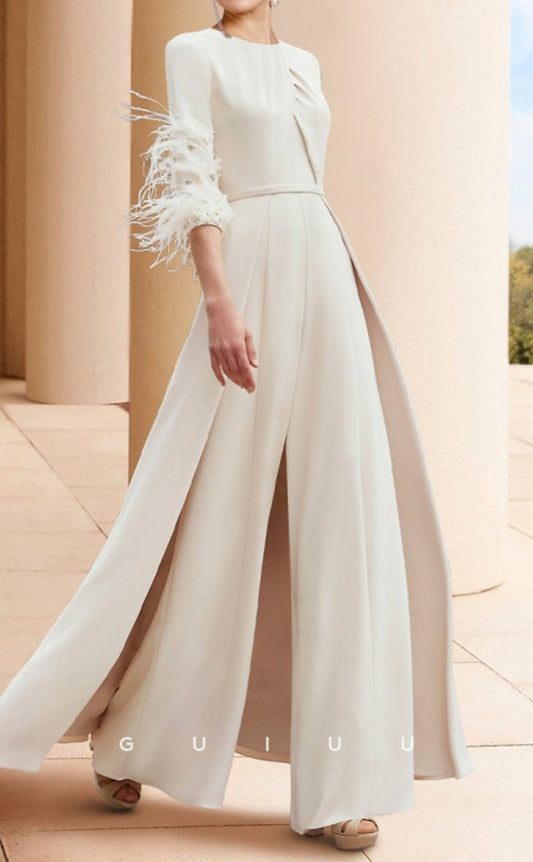 GM089 - Pantsuit Jewel Neck Half Sleeves Ankle Length Mother of the Bride Dress with Feather