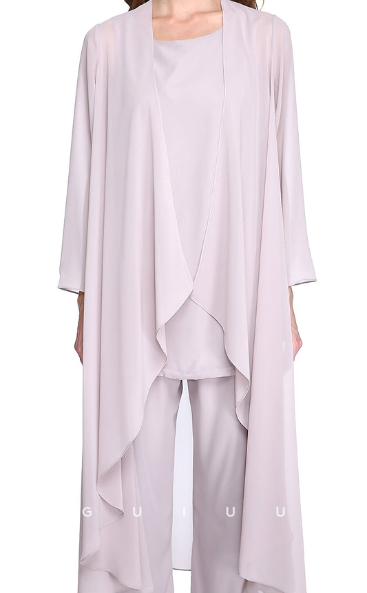 GM073 -Pantsuit Plus Size Bateau Neck Floor Length Wrap Included Chiffon Mother of the Bride Dress